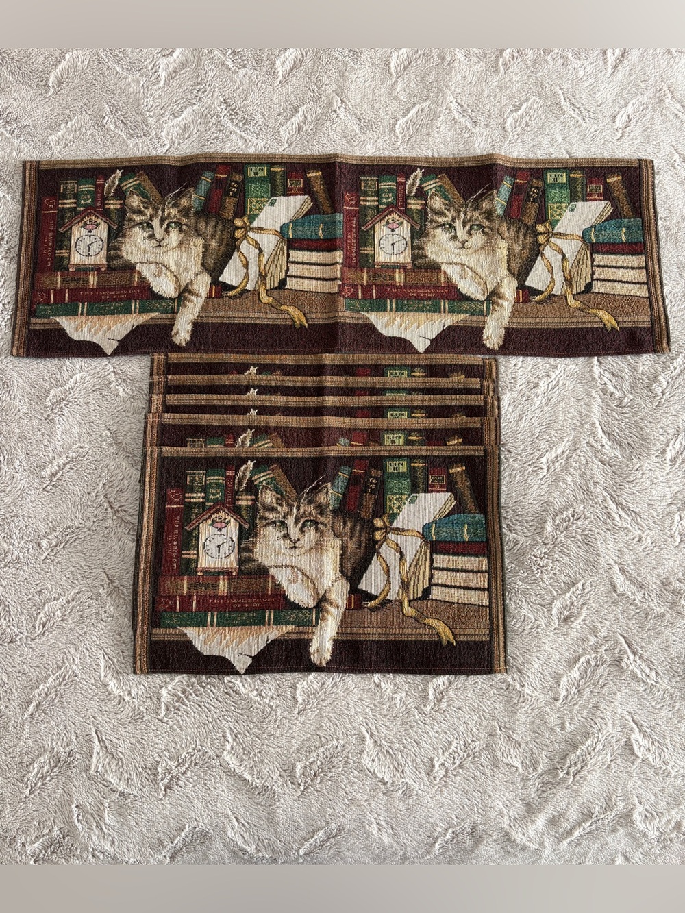 Five Tapestry Look Cat Placemats and one Table Runner